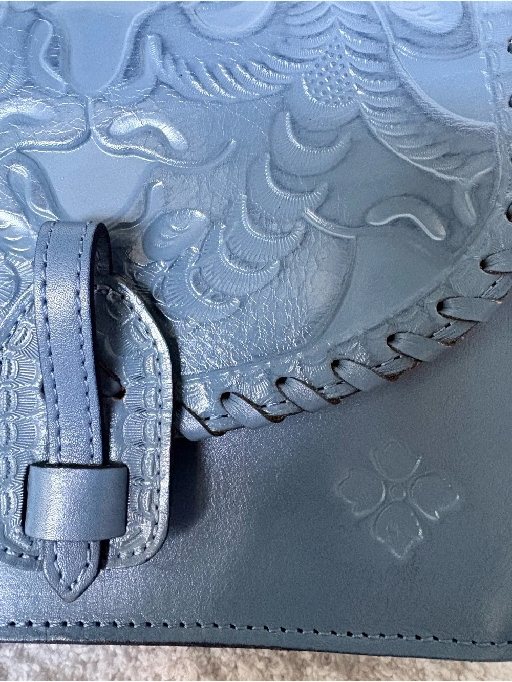 Patricia Nash Lanza Tooled Leather Crossbody Bag Blue Floral Whipstitch